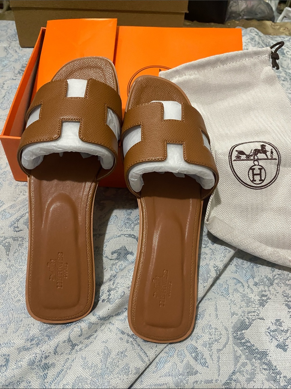 Hermes Brown and White Leather Slide Sandals